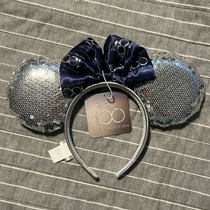 Disney100 The Exhibition silver sequin blue bow Mickey Minnie ears